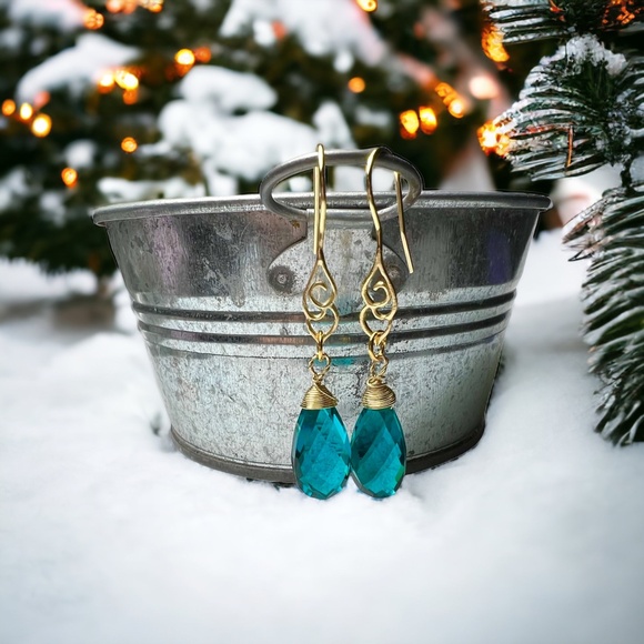 Paraiba Teal Tourmaline Earrings 14K Yellow Gold Vermeil , October Birthstone - Picture 1 of 7